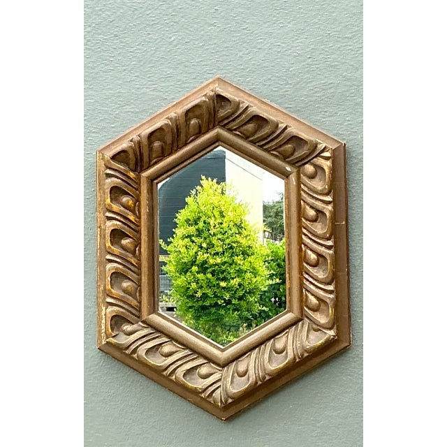 Mid 20th Century Vintage Italian Hexagonal Carved Wood Mirror For Sale - Image 5 of 12