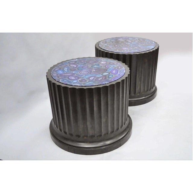 Large Vintage Custom Wooden Fluted Column Pedestal Side Tables w/ Faux Purple Agate Painted Tops - a Pair. Item features...