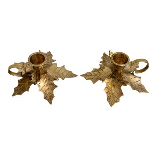 Vintage Solid Brass Holly Leaf Candle Stick Holders With Thumb Rings - A Pair For Sale