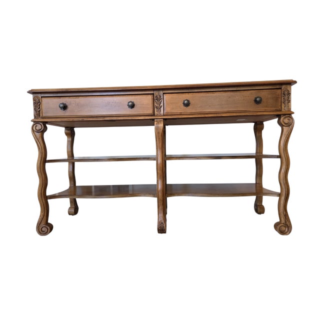 French Provincial Bassett Country French Console Table Vintage Provincial Wood Sofa Server 2 Drawer For Sale - Image 3 of 12