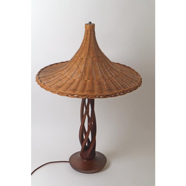 Large Table Lamp in Turned Wood with Braided Wicker Lampshade, Germany, 1930s For Sale - Image 6 of 17