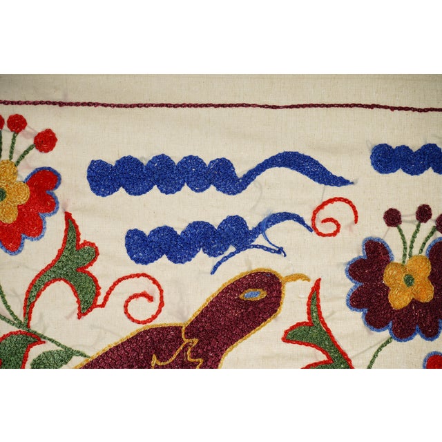 Unique Vintage Bird Embroidery | Red, Green & Blue Decorative Tapestry 1'4'' X 3'1'' For Sale In New York - Image 6 of 9