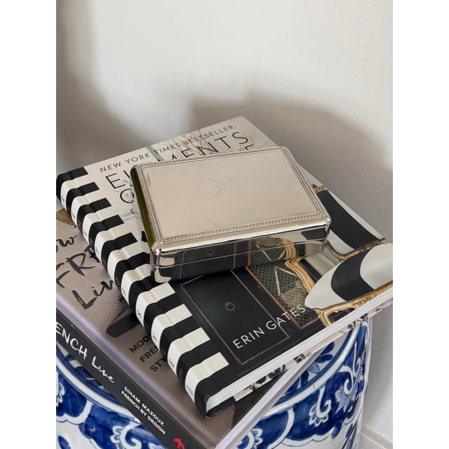 Lovely minimalist style silver plate box with a mirror finish, hinged lid, beaded edge detail and monogram on top — CM or...