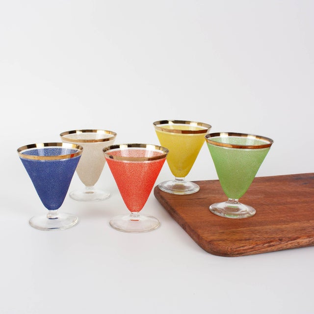 A striking set of five original 1950s Portuguese cocktail glasses, produced in Marinha Grande, one of the historic centres...