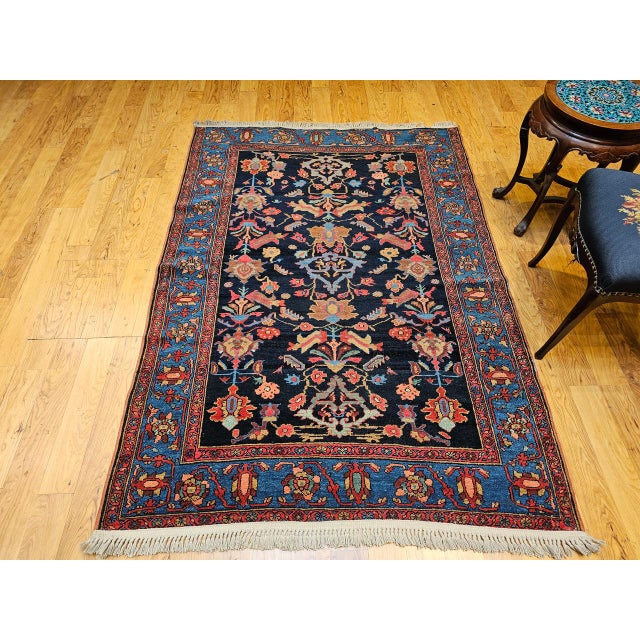 Persian Antique Persian Malayer Rug, Hand-Knotted Wool, Geometric Pattern, 5x7, Navy and Green For Sale - Image 3 of 16