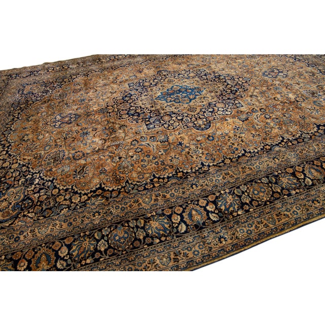 Textile Antique Persian Mashad Handmade Tan Wool Rug Rosette Motif For Sale - Image 7 of 8