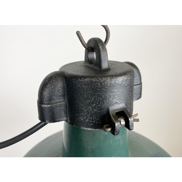 1960s Industrial Green Enamel Factory Lamp with Cast Iron Top from Polam, 1960s For Sale - Image 5 of 16