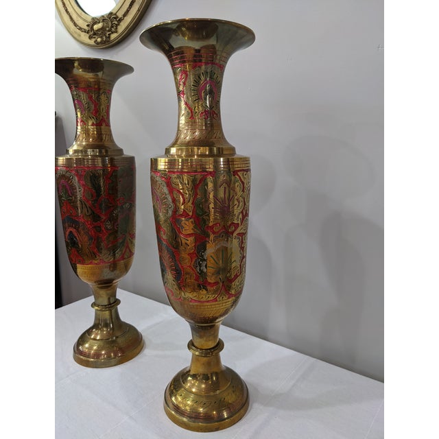 Indian Late 20th Century Large Brass Enameled Vases - a Pair For Sale - Image 3 of 11