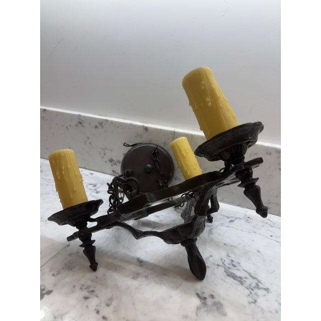 Early 20th Century A Pair of San Pettrini Cast Iron Chandeliers in Oil Rubbed Bronze Finish. For Sale - Image 9 of 12