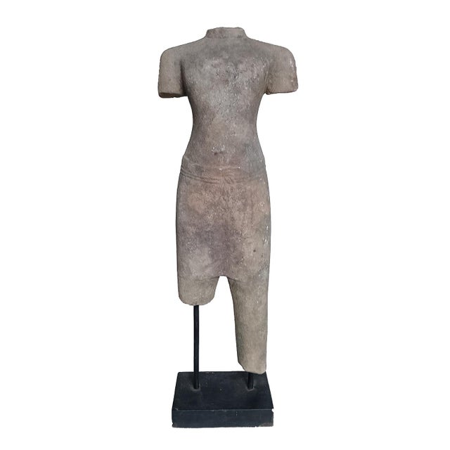 Ecru Reclaimed Khmer Torso Sculpture, Hand-Carved Sandstone, Thailand, 1930 From the Collection of Vicente Wolf For Sale - Image 8 of 12