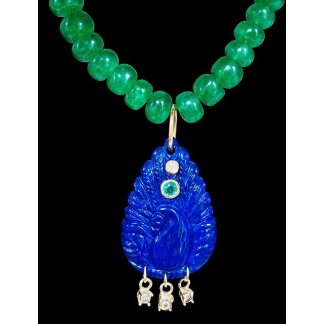 Lapis Peacock Pendant With Emeralds, Diamonds & 14k Gold For Sale - Image 13 of 13