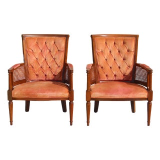 Vintage Tufted Velvet Upholstered Pair of Mid-Century Modern Armchairs With Cane Sides For Sale
