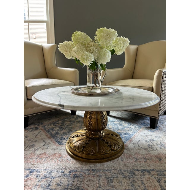 1960s Conmar Italian Hollywood Regency Coffee Table With Carrara Marble Top | Hand-Carved Giltwood Acanthus Pedestal | Made in Italy For Sale - Image 11 of 15
