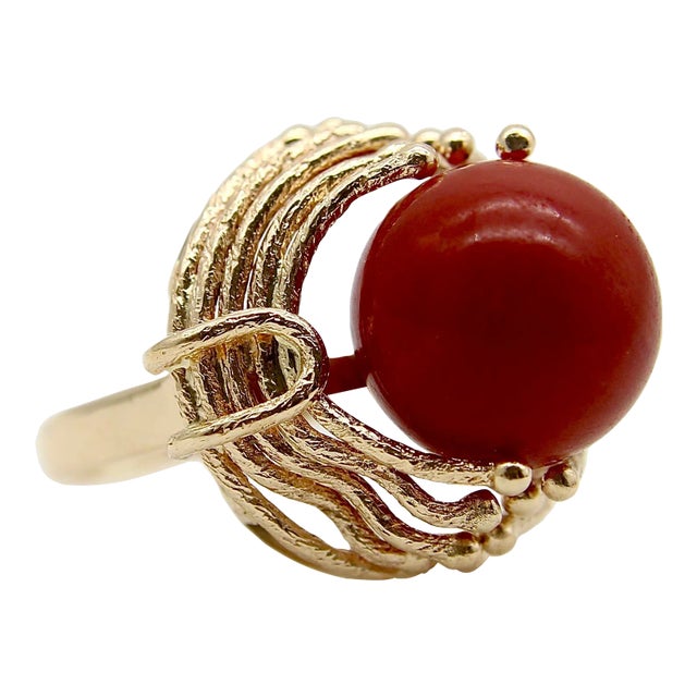 Vintage 14k Gold Freeform Sardinian Coral Sphere Ring Size 5 For Sale