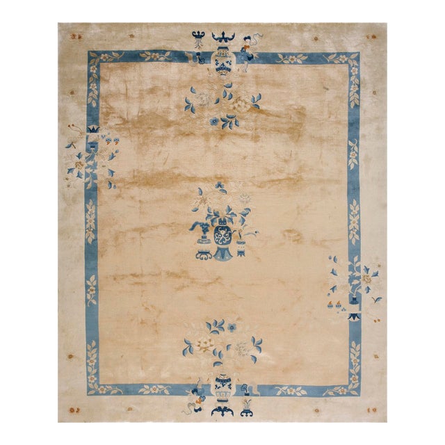 1980s Beige Floral Open Field Large Scale Vintage Chinese Peking Knotted Rug For Sale