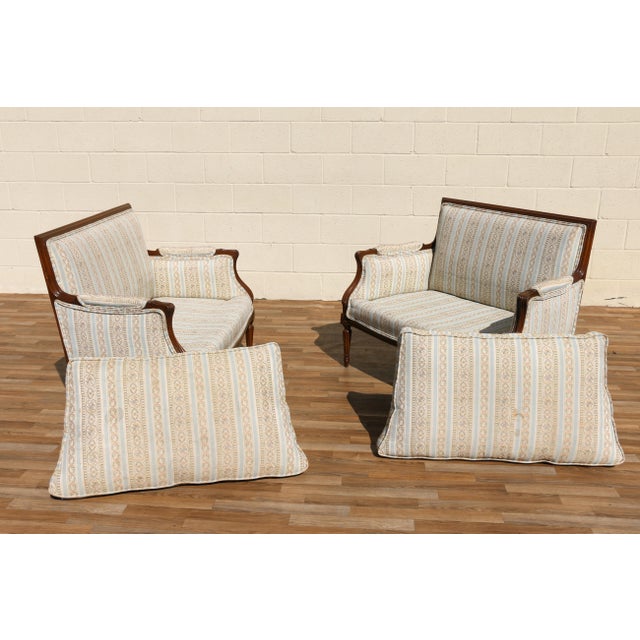 Pair of Antique French Louis XVI Style Upholstered Loveseats, Circa 1950s For Sale - Image 16 of 18