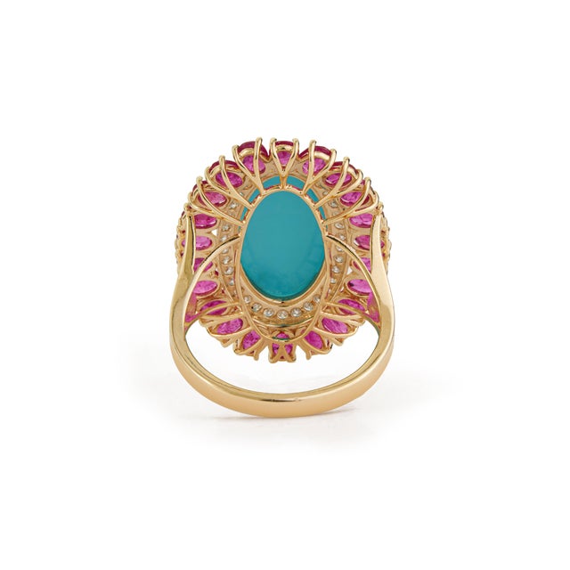 14k Yellow Gold 9.1ct Oval Cabochon Turquoise & Diamond Ruby Ring Size 6.5 For Sale - Image 10 of 18