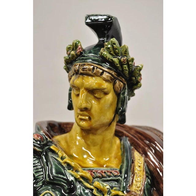 Early 20th Century Majolica Alexander the Great Greek Warrior Soldier Glazed Pottery Sculpture For Sale In Philadelphia - Image 6 of 12