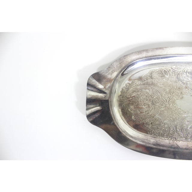 English Small Vintage Silver Plated Oval Tray With Floral Detail, Vintage Plate, Trinket Dish, Embossed, Etched Engraved Patina Serving Dish For Sale - Image 3 of 7