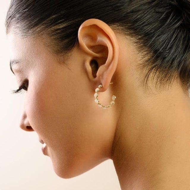 Metal 18k Yellow Gold 2.82 Ct Fire Opal Cabochon Hoop Earrings for Her- A Pair For Sale - Image 7 of 11