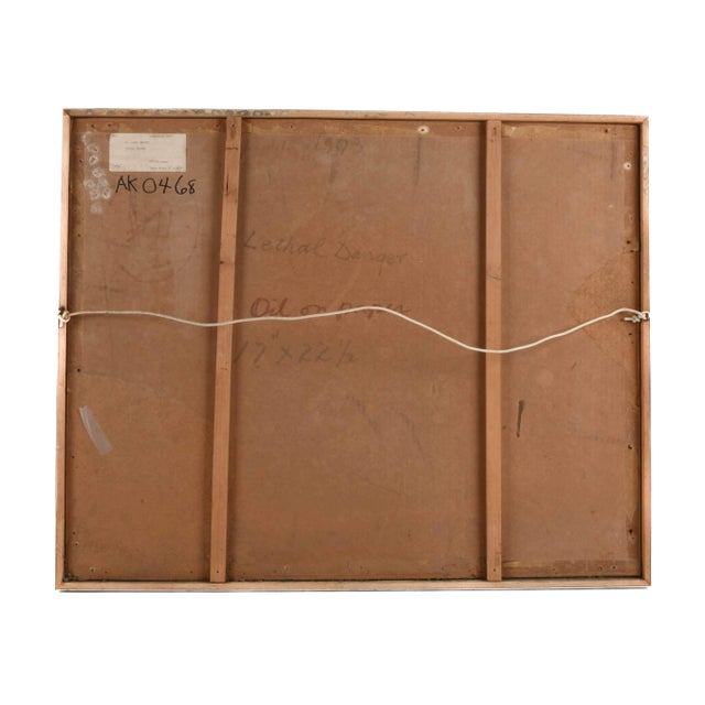 Metal Framed Signed J. Akston "Lethal Danger, 1973" Oil and Paper Painting For Sale - Image 7 of 13