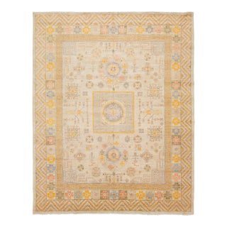Modern Khotan Style Hand-Knotted Wool Rug - Pastel Geometric Medallion Design For Sale