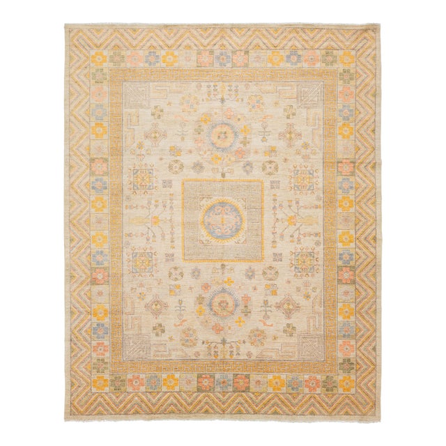 Modern Khotan Style Hand-Knotted Wool Rug - Pastel Geometric Medallion Design For Sale