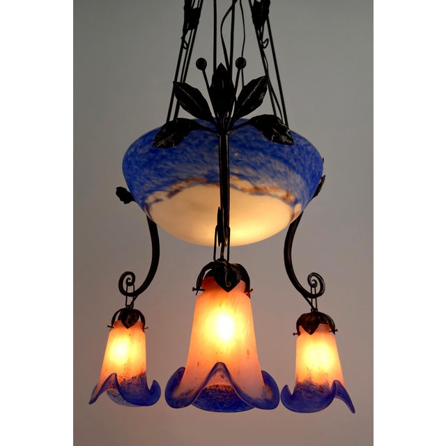 Art Deco Wrought Iron Chandelier with Blue Blown Glass, France For Sale - Image 9 of 12
