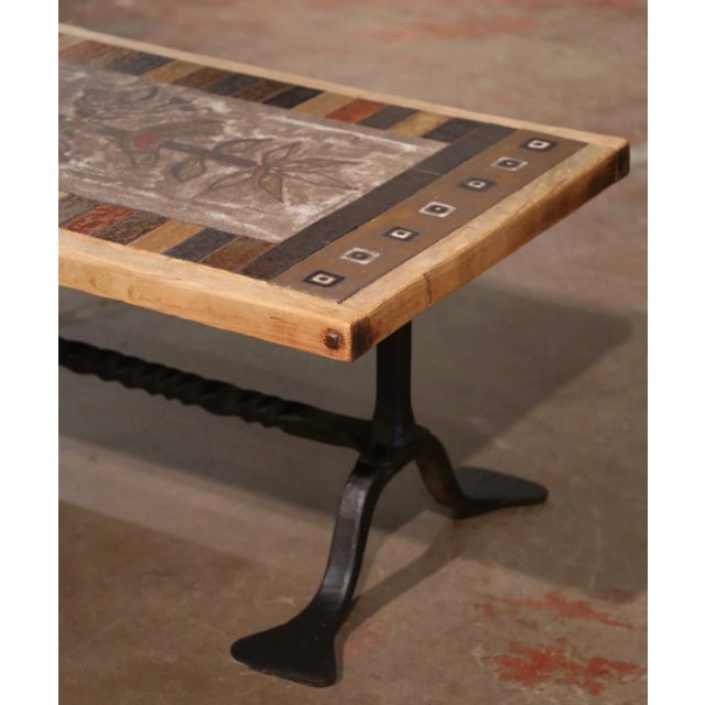 French Mid-Century French Vallauris Ceramic and Oak Coffee Table Signed Jg Picard For Sale - Image 3 of 9