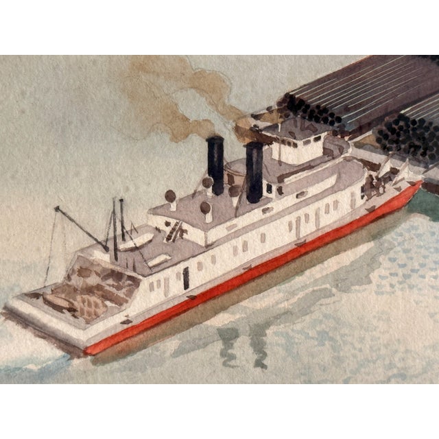 Robert Wathen Signed Watercolor and Gouache Painting of Steam Boat Pushing Pipe Barges on Ohio River For Sale In Providence - Image 6 of 10