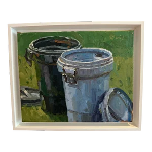 Two Trash Cans With Lids Expressionist Still Life Oil Painting, Framed