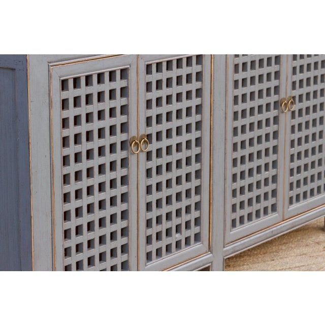 Wood Long Painted Silver Gray Lattice Credenza For Sale - Image 7 of 8