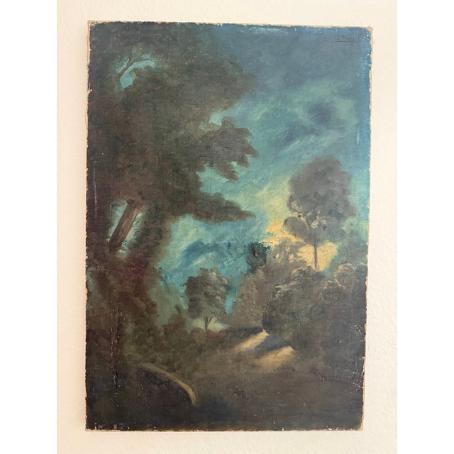 Discovered in Paris, this antique French landscape painting features lovely rich colors in deep blue, turquoise, cerulean...