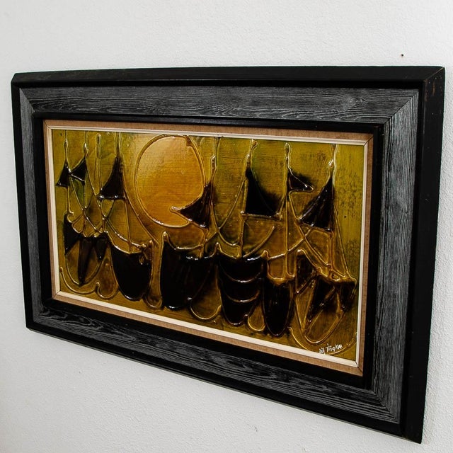 Mid Century Modern Painting Art Abstract Expressionism Gold Green Brown With Black Frame MCM For Sale In Sacramento - Image 6 of 11