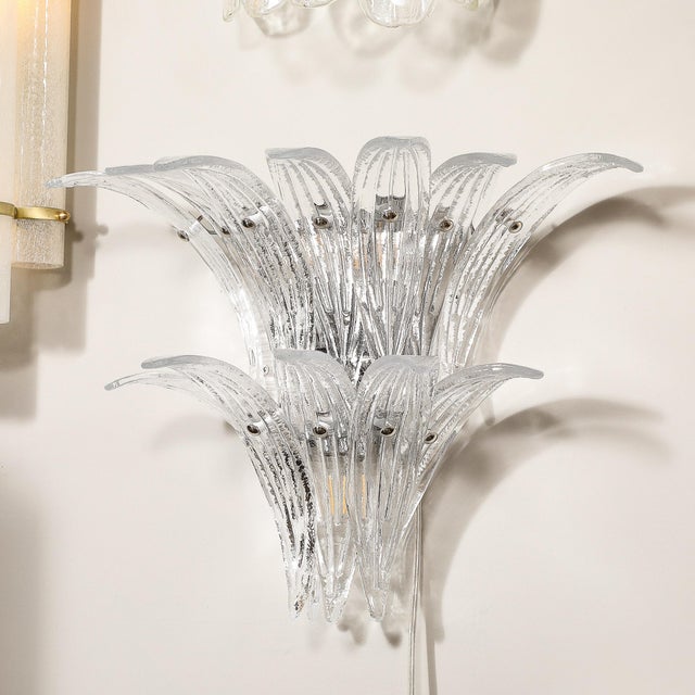Pair of Modernist Hand-Blown Murano Clear Glass & Nickel Fitted Palma Sconces For Sale - Image 9 of 12