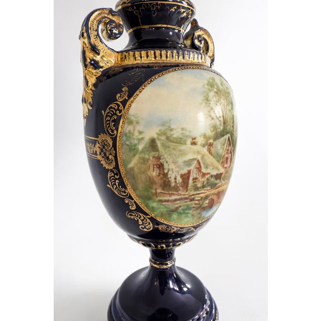 19th Century Pair of Antique Vienna Style Cobalt Blue & Gilt Porcelain Pedestal Urns, Circa 1900 For Sale - Image 5 of 13