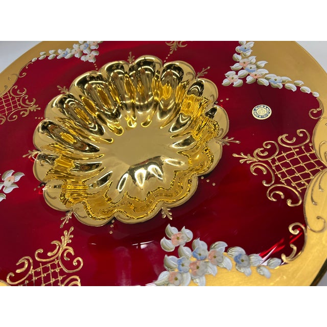 Murano Italy Hand Formed Painted Floral and Gold Plate / Bowl / Art Glass - Signed For Sale In Detroit - Image 6 of 13