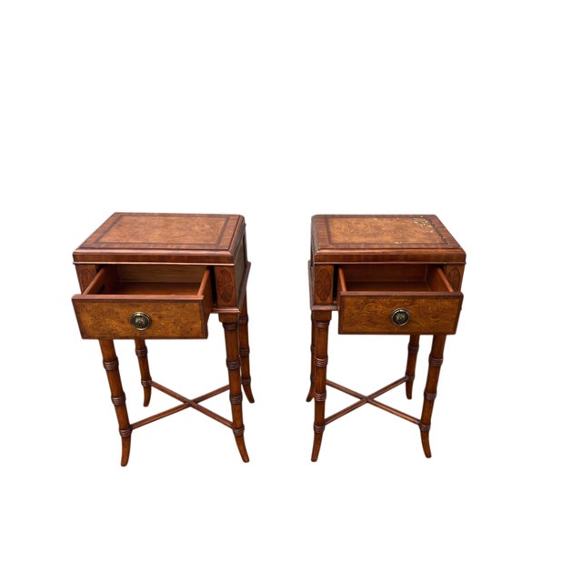 Coastal Pair Ethan Allen Faux Bamboo Burl Sofa/Bedside Tables For Sale - Image 3 of 13