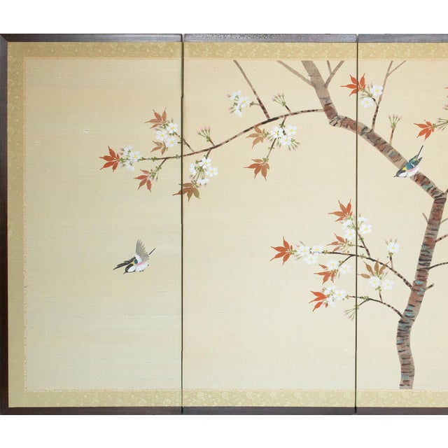 Lovely Japanese painted 4-panel Silk Byobu (folding screen) depicts a cheerful scene with two Blue and White Flycatchers...