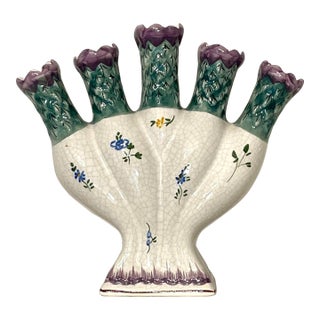 Vintage French Country Floral Painted Tulipiere Ceramic Vase, Purple & Green For Sale