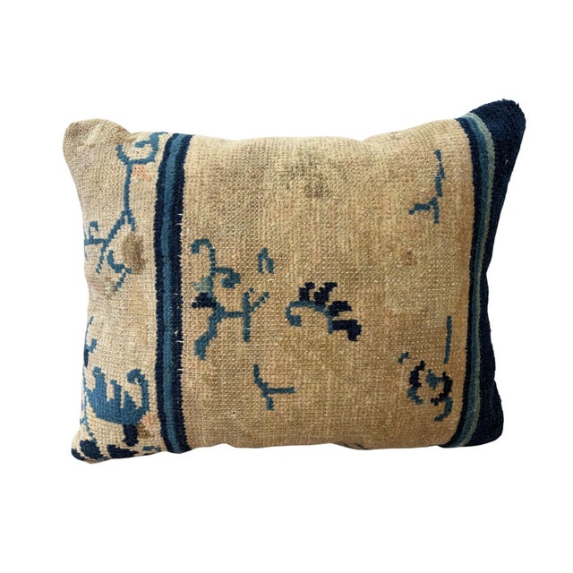 19th Century Custom Made Lumbar Pillow W/Antique Chinese Rug Fragment 13.5 "W For Sale - Image 5 of 7