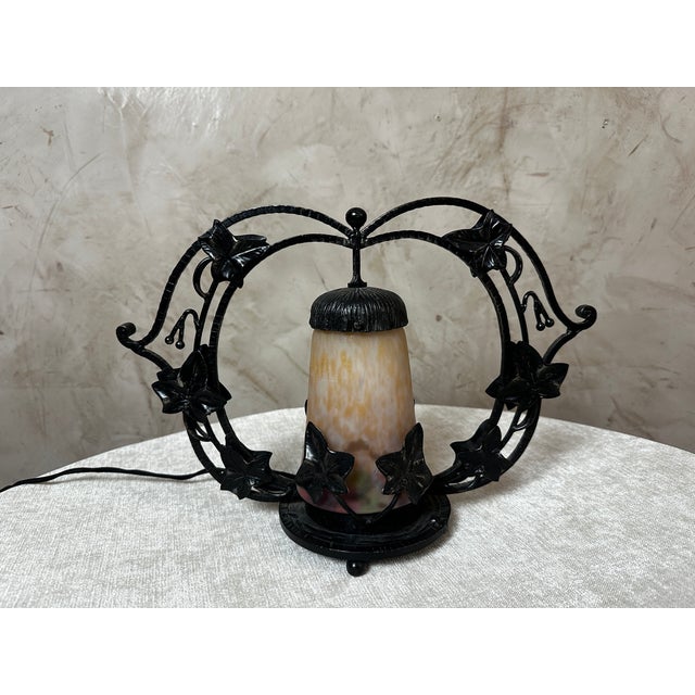 Art Deco Table Lamp in Glass and Wrought Iron, 1930s For Sale - Image 9 of 12