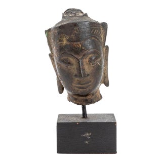 Thai Patinated Metal Buddha Head in Headdress For Sale