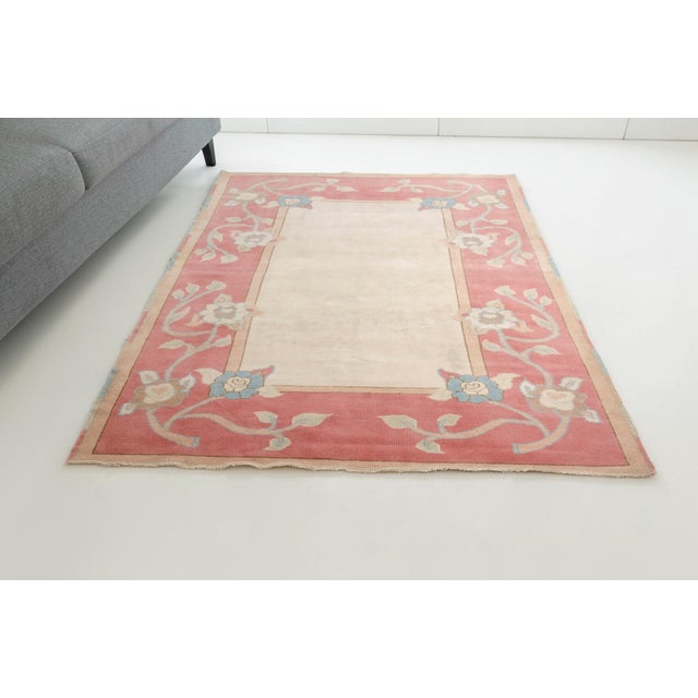 Vintage Art Deco Floral Rug in Rose Pink, Sky Blue, and Cream For Sale - Image 9 of 9