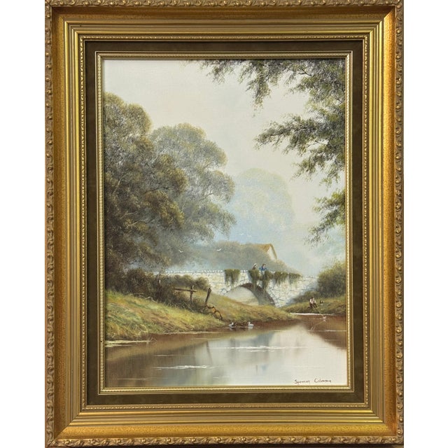 River Bridge with Figures in English Countryside by 20th Century British Artist Circa 1995 For Sale - Image 9 of 17