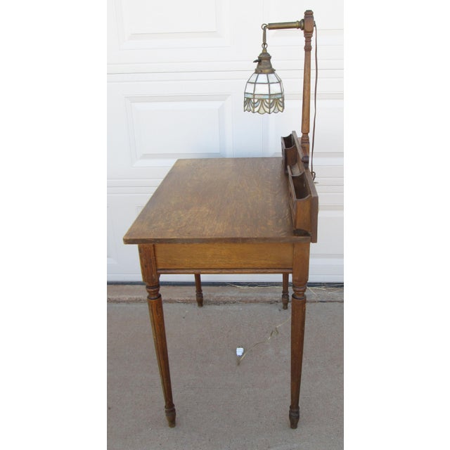Wood Vintage Writing Desk Table With Attached Tiffany Style Lamp For Sale - Image 7 of 15