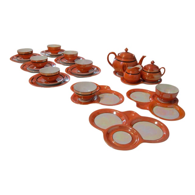 Vintage Rudolf Wachter Art Deco Orange Lusterware Tea Set- 27 Pieces For Sale