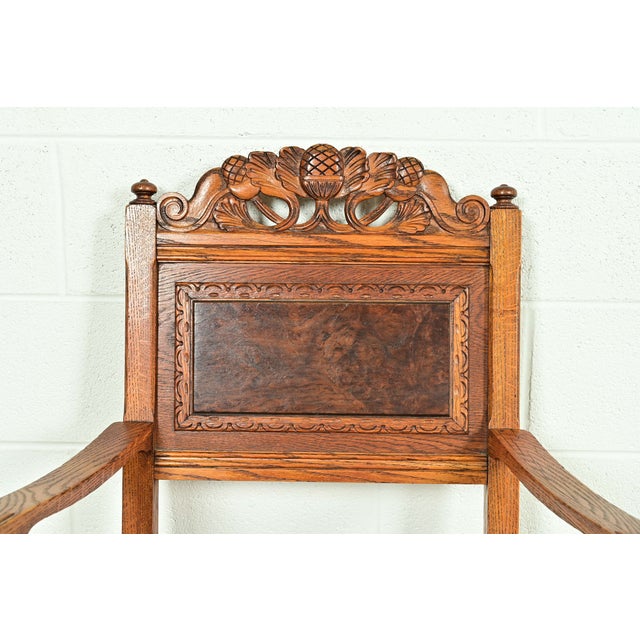 Early Romweber Antique English Jacobean Carved Oak and Burl Wood Armchairs, Pair For Sale In South Bend - Image 6 of 13