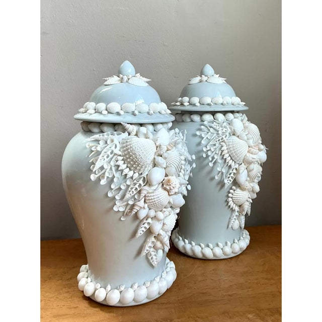 Vintage Shell Encrusted Lidded Ceramic Urns - Pair For Sale In West Palm - Image 6 of 12