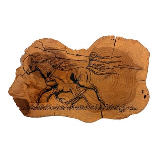 Vintage Rustic Wood Burned Horse Pyrography Live Edge Slab Wall Art Decor Plaque For Sale